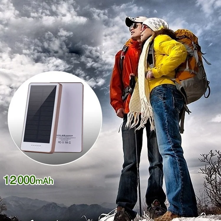 12000mAh 14mm Thin Dual USB Monocrystalline Silicon Solar Charger Power Bank - White