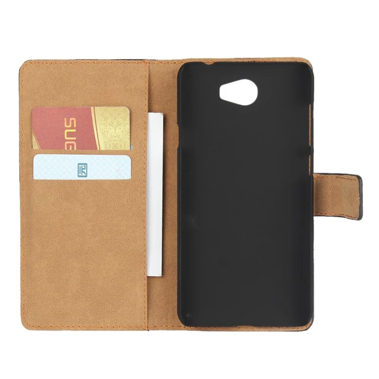 Genuine Split Leather Wallet Stand Case for Huawei Y6II Compact - Black