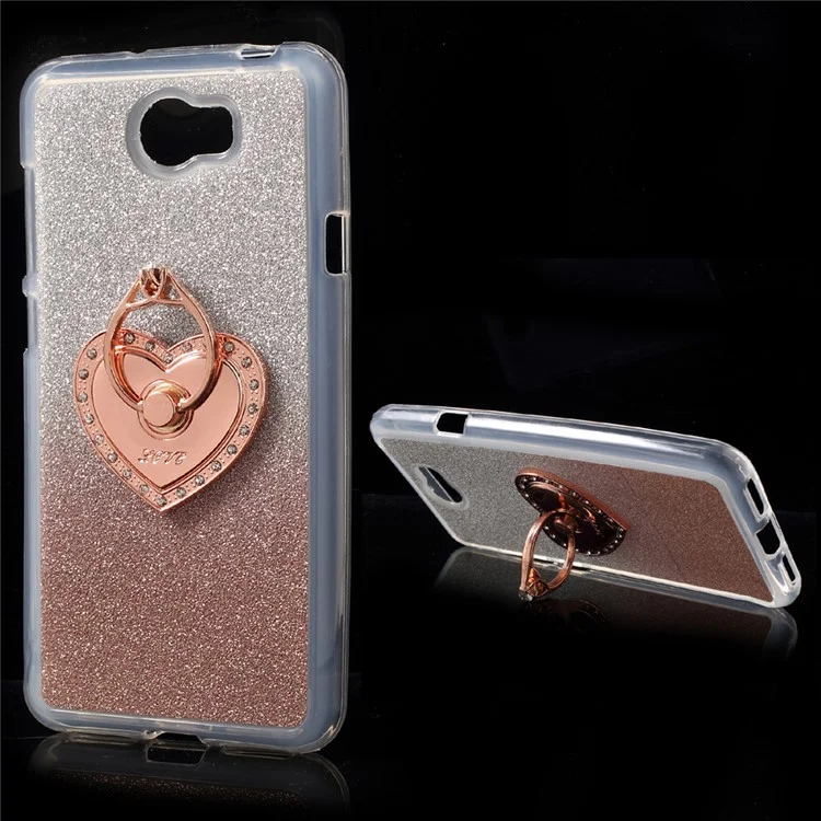 Gradient Glittery Powder TPU Cover for Huawei Y5II/Y5 II/Honor 5 with Heart-shaped Ring - Rose Gold