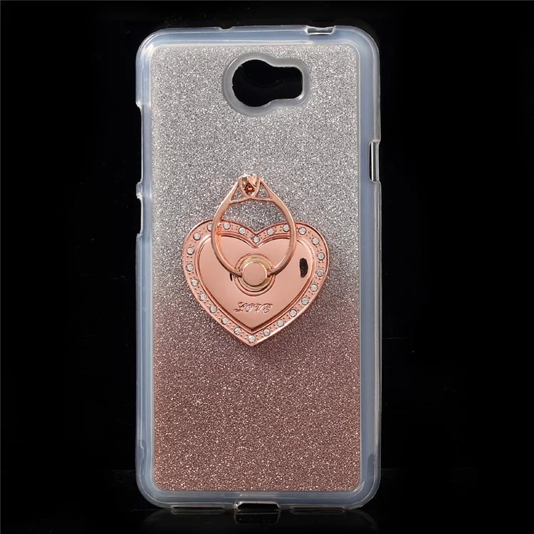 Gradient Glittery Powder TPU Cover for Huawei Y5II/Y5 II/Honor 5 with Heart-shaped Ring - Rose Gold