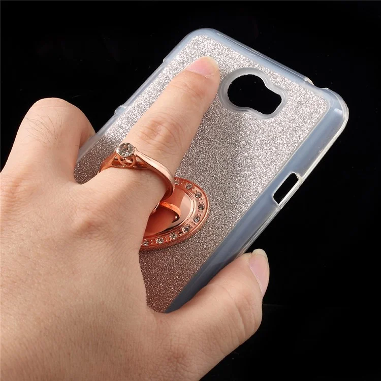 Gradient Glittery Powder TPU Cover for Huawei Y5II/Y5 II/Honor 5 with Heart-shaped Ring - Rose Gold