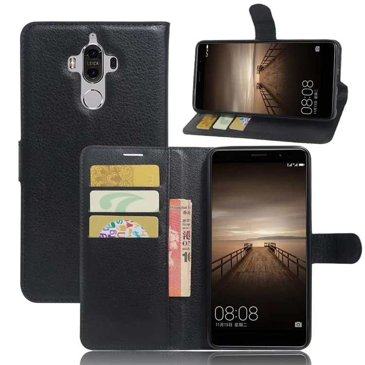 Lychee Grain Wallet Leather Case for Huawei Mate 9 - Black