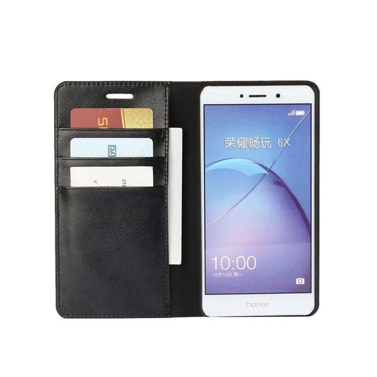 Crazy Horse Genuine Leather Wallet Phone Case for Huawei Honor 6x (2016) - Black