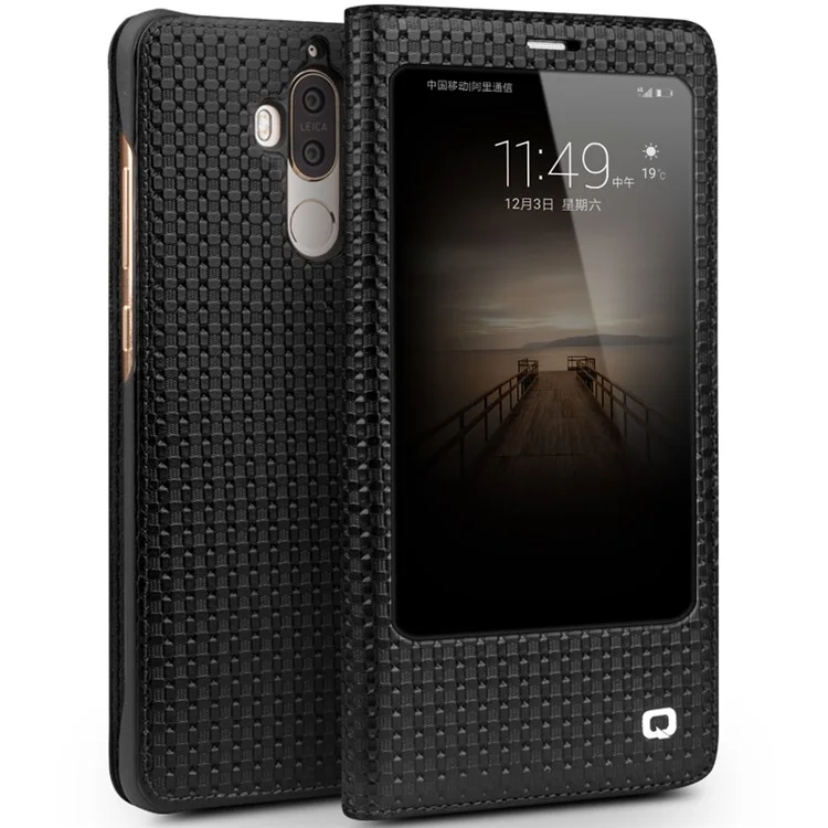 QIALINO for Huawei Mate 9 Smart View Window Grid Texture Genuine Cowhide Leather Business Case - Black