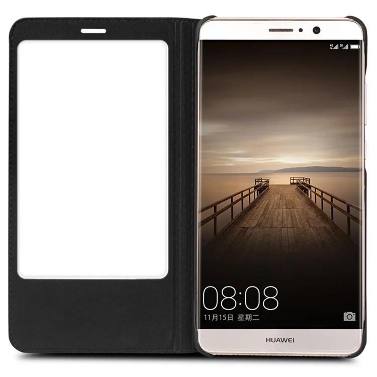 QIALINO for Huawei Mate 9 Smart View Window Grid Texture Genuine Cowhide Leather Business Case - Black
