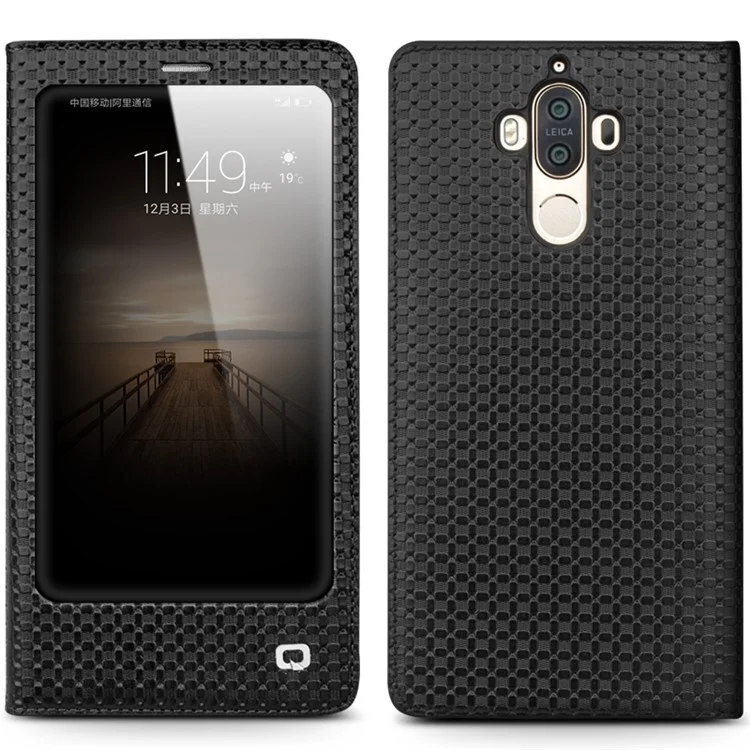 QIALINO for Huawei Mate 9 Smart View Window Grid Texture Genuine Cowhide Leather Business Case - Black