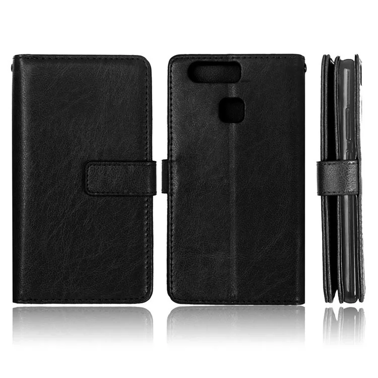 For Huawei P9 Wallet 9 Card Slots Crazy Horse Leather Mobile Phone Case - Black