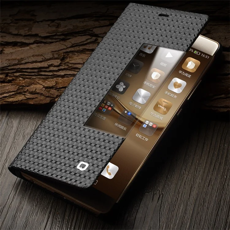 QIALINO for Huawei P9 Smart View Window Grid Texture Genuine Cowhide Leather Business Case - Black