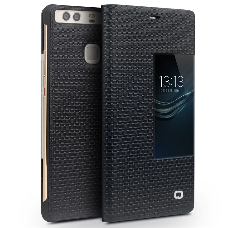QIALINO for Huawei P9 Smart View Window Grid Texture Genuine Cowhide Leather Business Case - Black