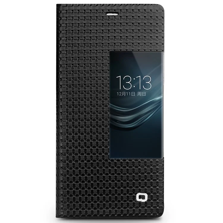 QIALINO for Huawei P9 Smart View Window Grid Texture Genuine Cowhide Leather Business Case - Black