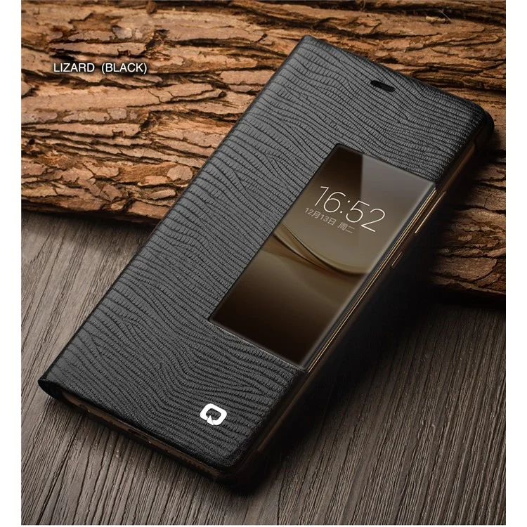 QIALINO for Huawei P9 Business Smart View Window Lizard Texture Cowhide Leather Phone Case - Black