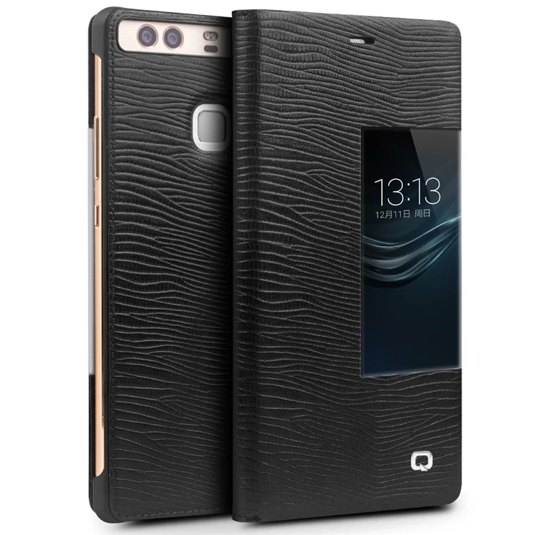 QIALINO for Huawei P9 Business Smart View Window Lizard Texture Cowhide Leather Phone Case - Black