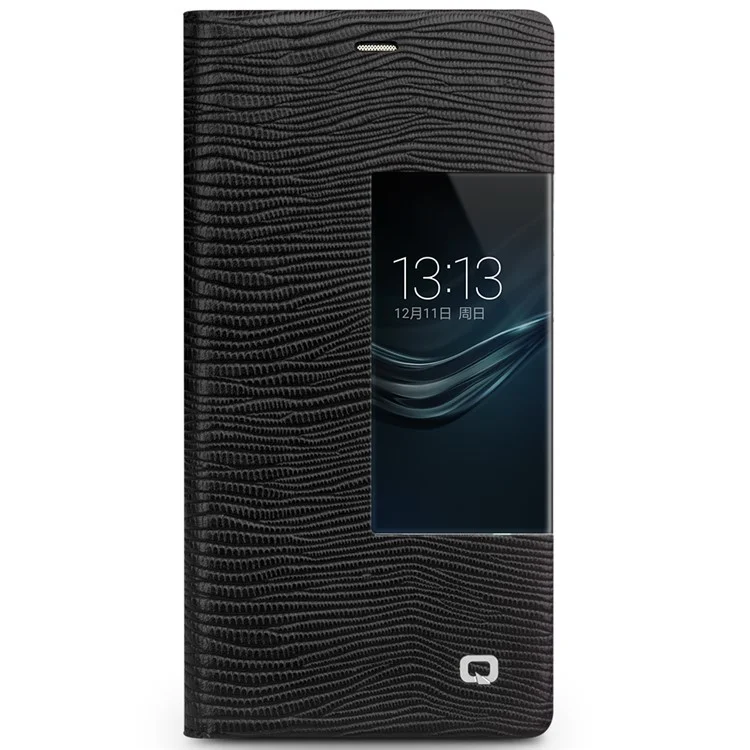 QIALINO for Huawei P9 Business Smart View Window Lizard Texture Cowhide Leather Phone Case - Black