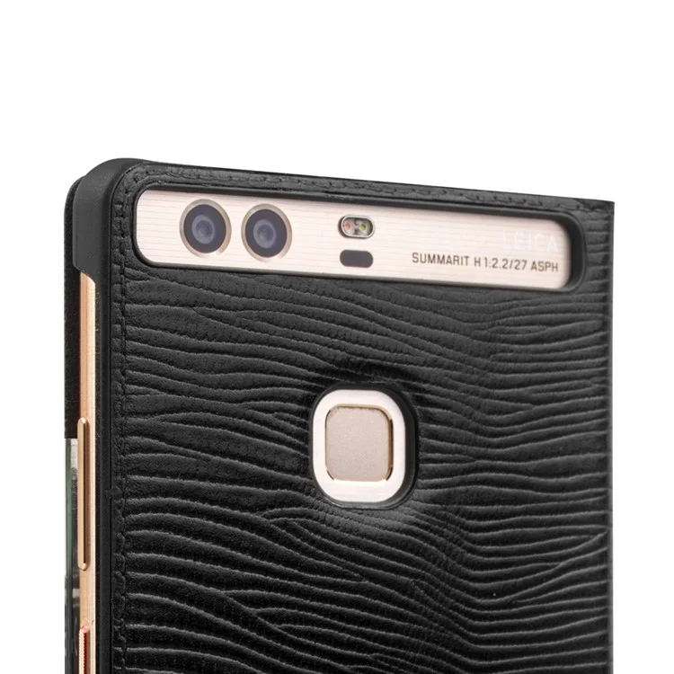 QIALINO for Huawei P9 Business Smart View Window Lizard Texture Cowhide Leather Phone Case - Black