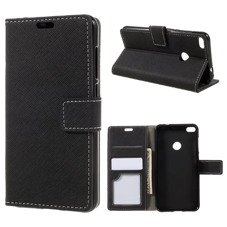 For Huawei P8 Lite (2017) / Honor 8 Lite Stand Wallet Leather Case Cross Texture - Black