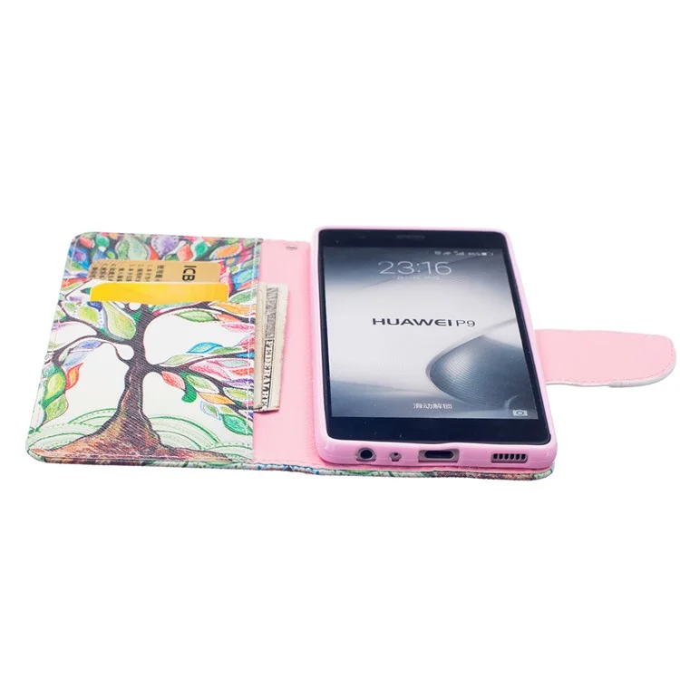 For Huawei P9 Patterned Wallet Stand Leather Cellphone Case - Colored Tree