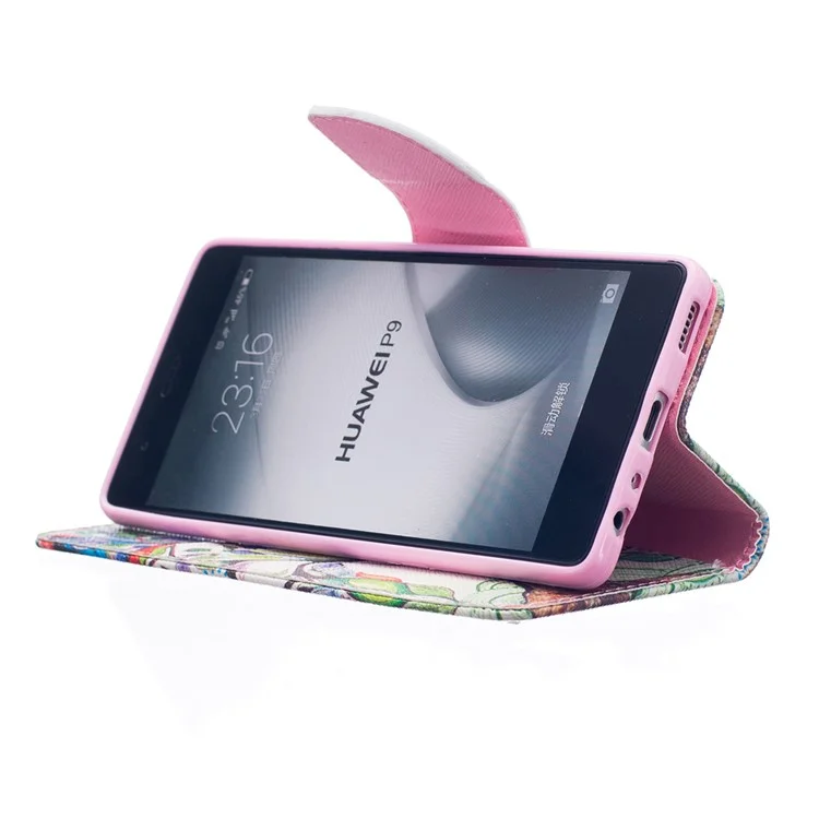 For Huawei P9 Patterned Wallet Stand Leather Cellphone Case - Colored Tree