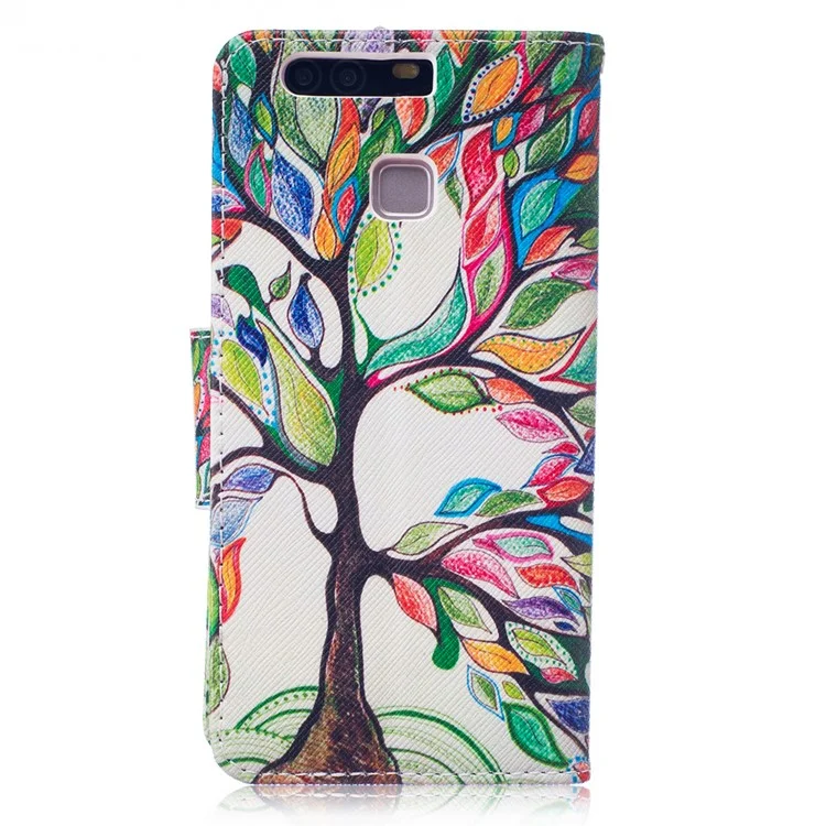 For Huawei P9 Patterned Wallet Stand Leather Cellphone Case - Colored Tree