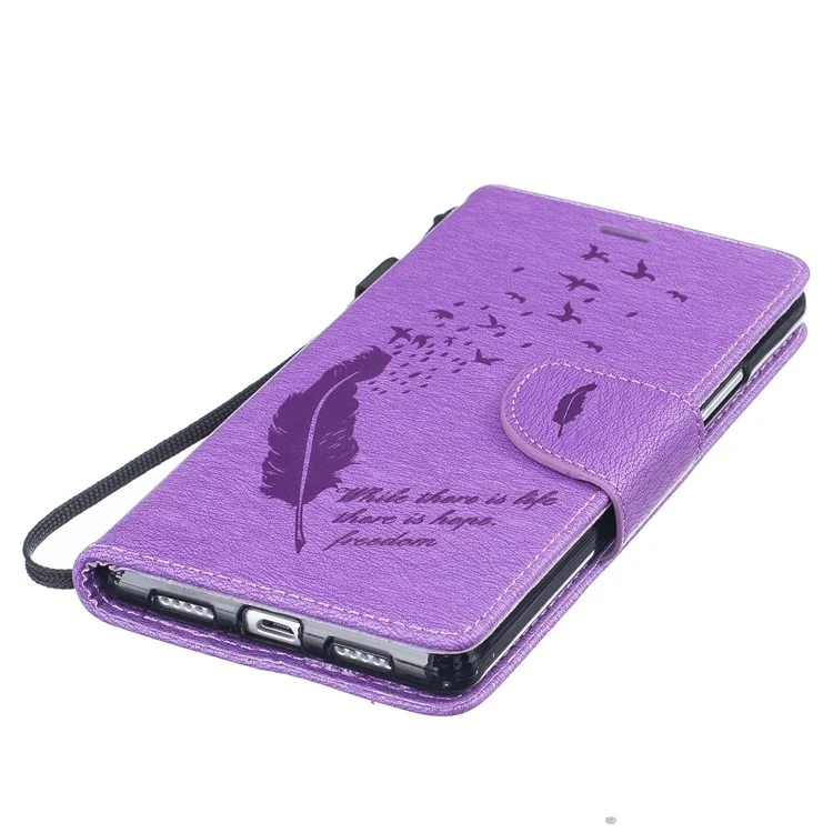 Imprinted Feather Wallet Leather Cover Stand for Huawei P9 Lite / G9 Lite - Purple