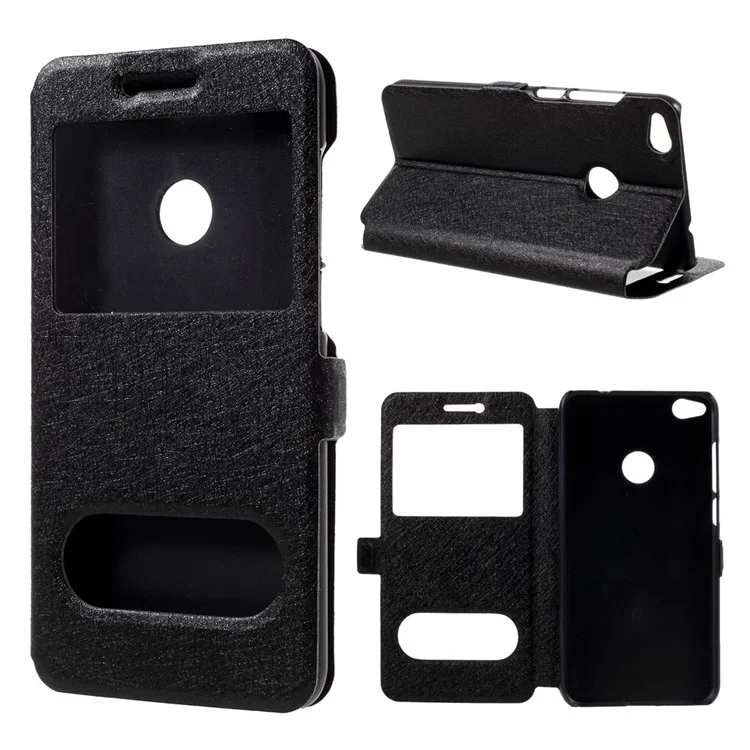 Silk Texture Dual Window Leather Phone Case for Huawei P8 Lite (2017) / Honor 8 Lite - Black