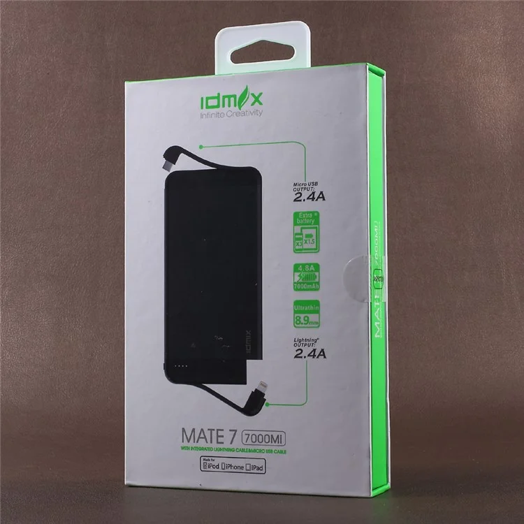 IDMIX Mate 7 MFI Certified Power Bank 7000mAh with Lightning & Micro USB Cables - Black