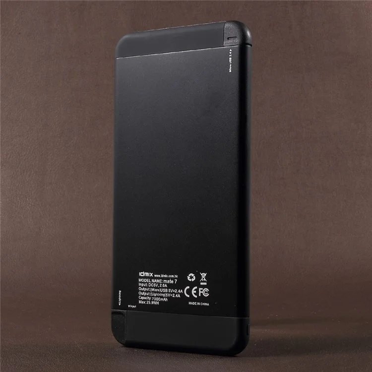 IDMIX Mate 7 MFI Certified Power Bank 7000mAh with Lightning & Micro USB Cables - Black