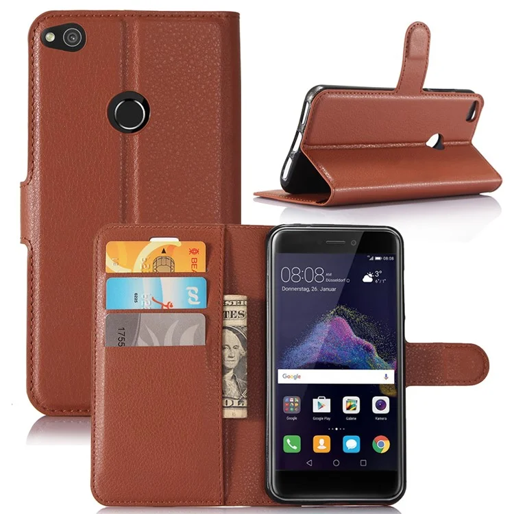 For Huawei P8 Lite (2017) / Honor 8 Lite Litchi Grain Leather Case 3 Card Holders with 1 Cash Pocket Wallet - Brown