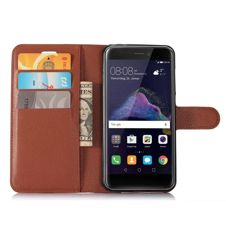 For Huawei P8 Lite (2017) / Honor 8 Lite Litchi Grain Leather Case 3 Card Holders with 1 Cash Pocket Wallet - Brown