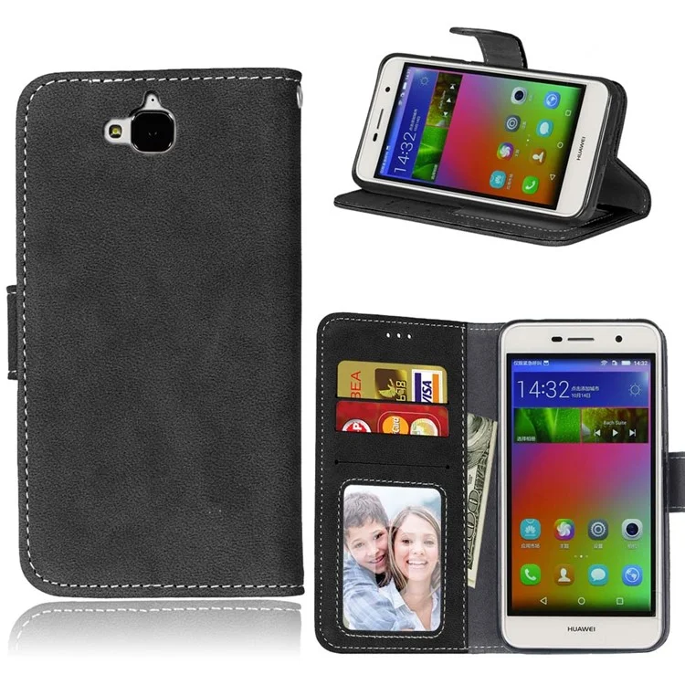Retro Matte Stand Wallet Leather Case for Huawei Y6 Pro / Enjoy 5 - Black