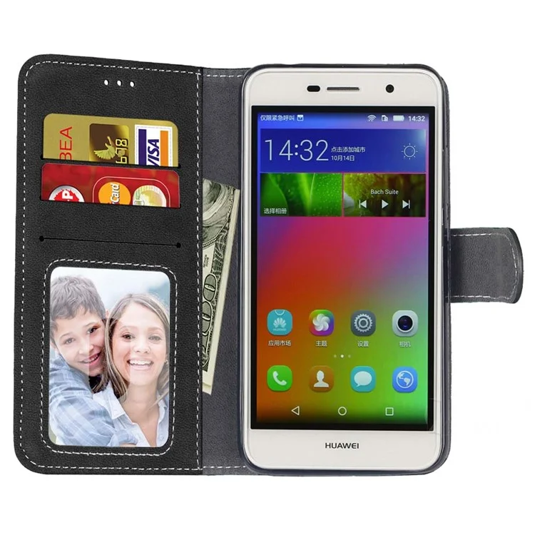Retro Matte Stand Wallet Leather Case for Huawei Y6 Pro / Enjoy 5 - Black