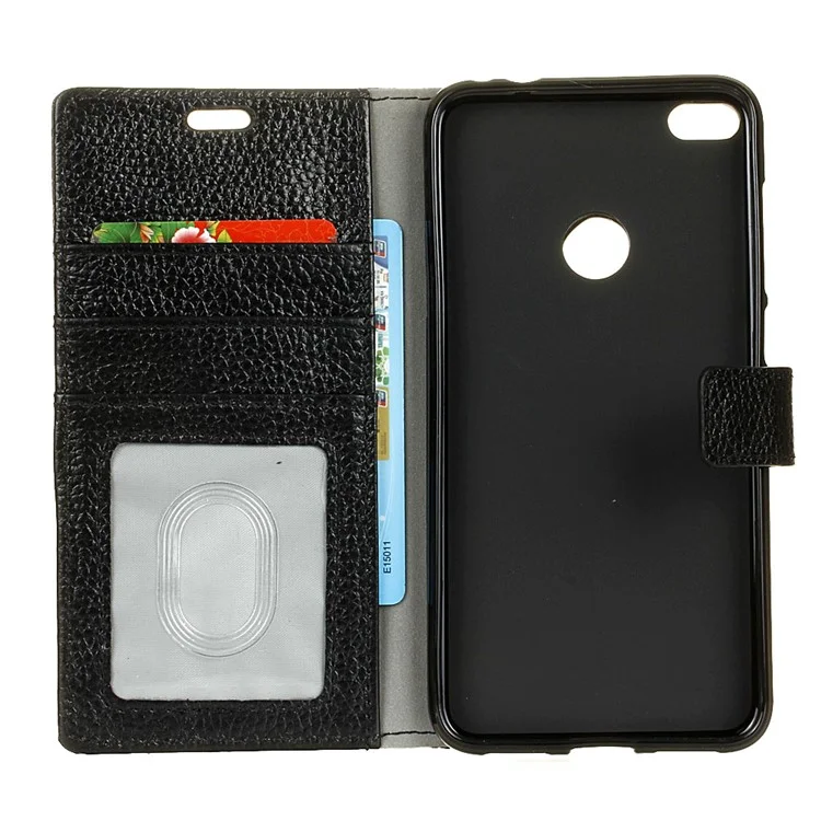 Genuine Leather Wallet Stand Cover Case with Litchi Grain for Huawei P8 Lite (2017) / Honor 8 Lite - Black