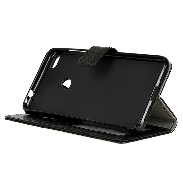 Genuine Leather Wallet Stand Cover Case with Litchi Grain for Huawei P8 Lite (2017) / Honor 8 Lite - Black