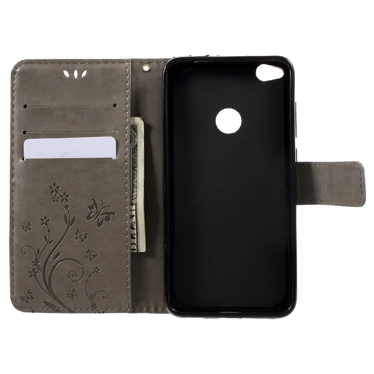 Imprinted Flora Butterflies Wallet Leather Mobile Case for Huawei P8 Lite (2017) / Honor 8 Lite - Grey