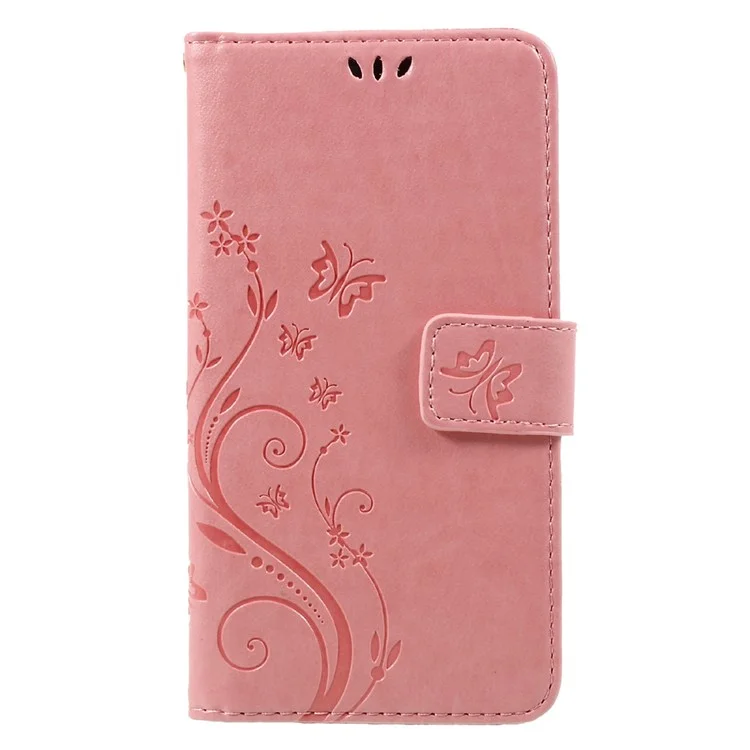 Imprinted Flora Butterflies Wallet Stand Leather Cover for Huawei P8 Lite (2017) / Honor 8 Lite - Pink