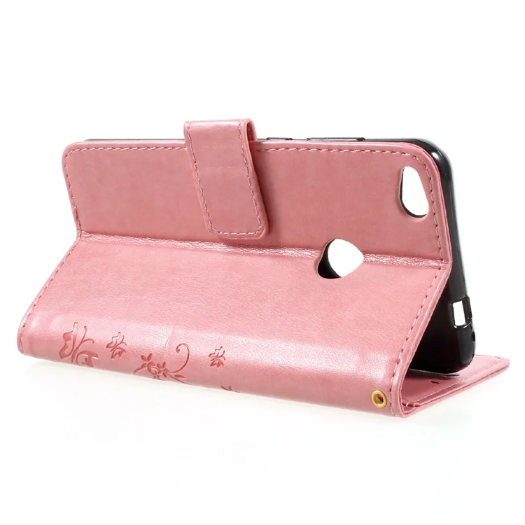 Imprinted Flora Butterflies Wallet Stand Leather Cover for Huawei P8 Lite (2017) / Honor 8 Lite - Pink