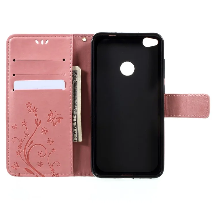 Imprinted Flora Butterflies Wallet Stand Leather Cover for Huawei P8 Lite (2017) / Honor 8 Lite - Pink