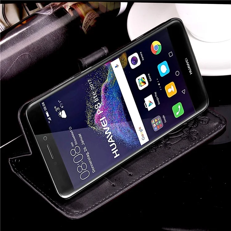 Imprinted Flowers Leather Wallet Case for Huawei P8 Lite (2017) / Honor 8 Lite - Black