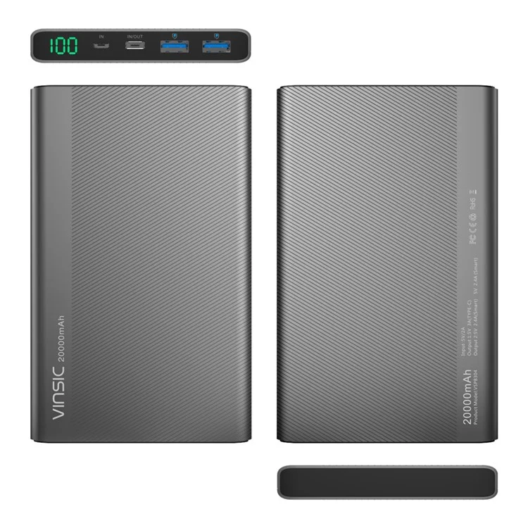 VINSIC RoHS Power Bank 20000mAh Type-C Smart Power Bank with LED Display for Samsung S8 etc. - Black