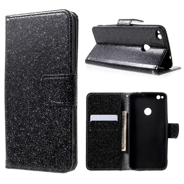 For Huawei P8 Lite (2017) / Honor 8 Lite Glittery Smooth Leather Magnetic Wallet Case - Black