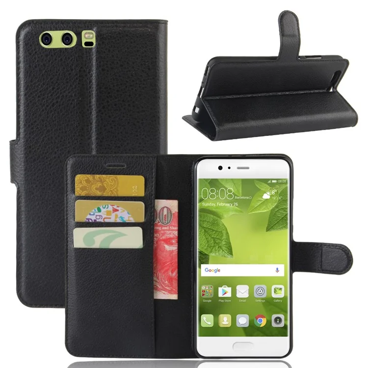 Lychee Grain Wallet Pelle Telefono Custodia Per Huawei P10 Plus - Nero