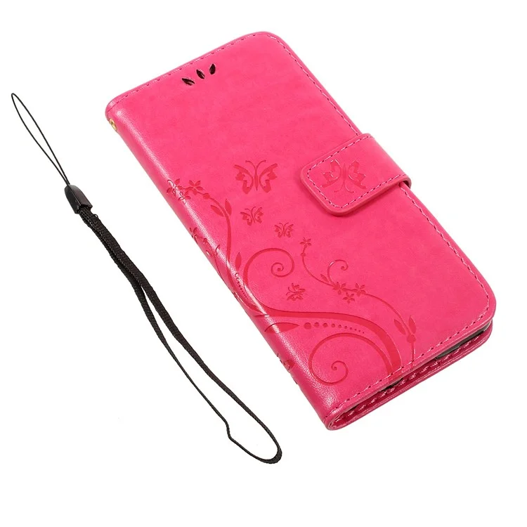 Butterfly Flower Imprinted Leather Folio Cover with Lanyard for Huawei P10 - Rose