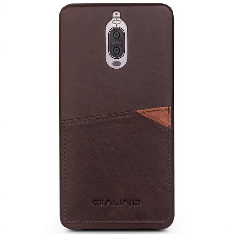 QIALINO Card Slot Cowhide Leather Coated PC Case for Huawei Mate 9 Pro / Mate 9 Porsche Design - Coffee