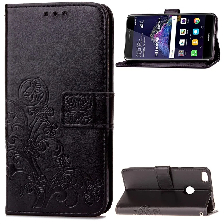 Imprinted Clover Wallet Leather Stand Case for Huawei P8 Lite (2017)/Honor 8 Lite - Black