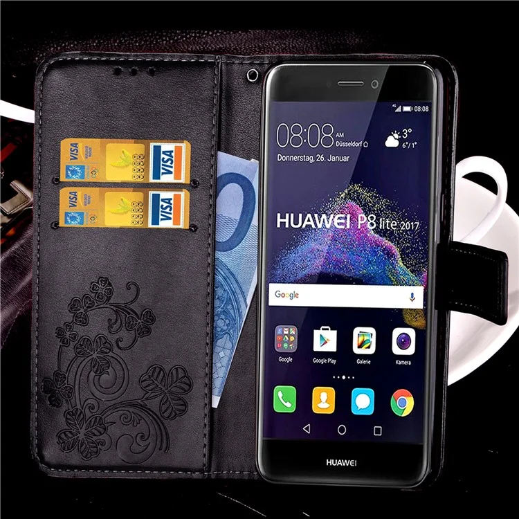 Imprinted Clover Wallet Leather Stand Case for Huawei P8 Lite (2017)/Honor 8 Lite - Black