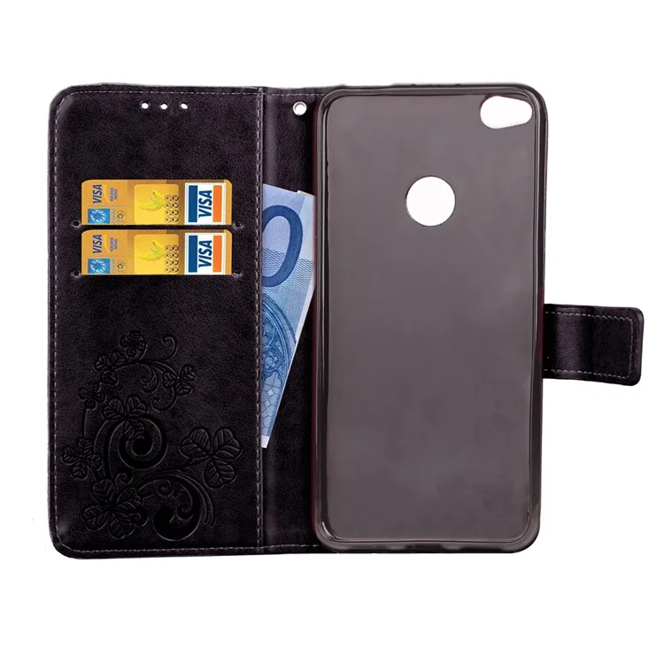 Imprinted Clover Wallet Leather Stand Case for Huawei P8 Lite (2017)/Honor 8 Lite - Black
