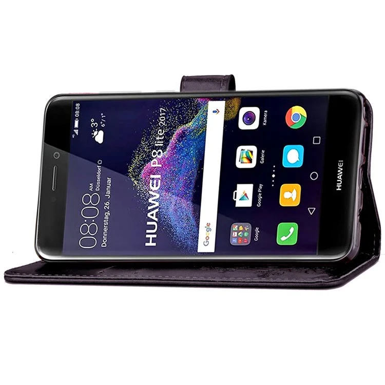 Imprinted Clover Wallet Leather Stand Case for Huawei P8 Lite (2017)/Honor 8 Lite - Black