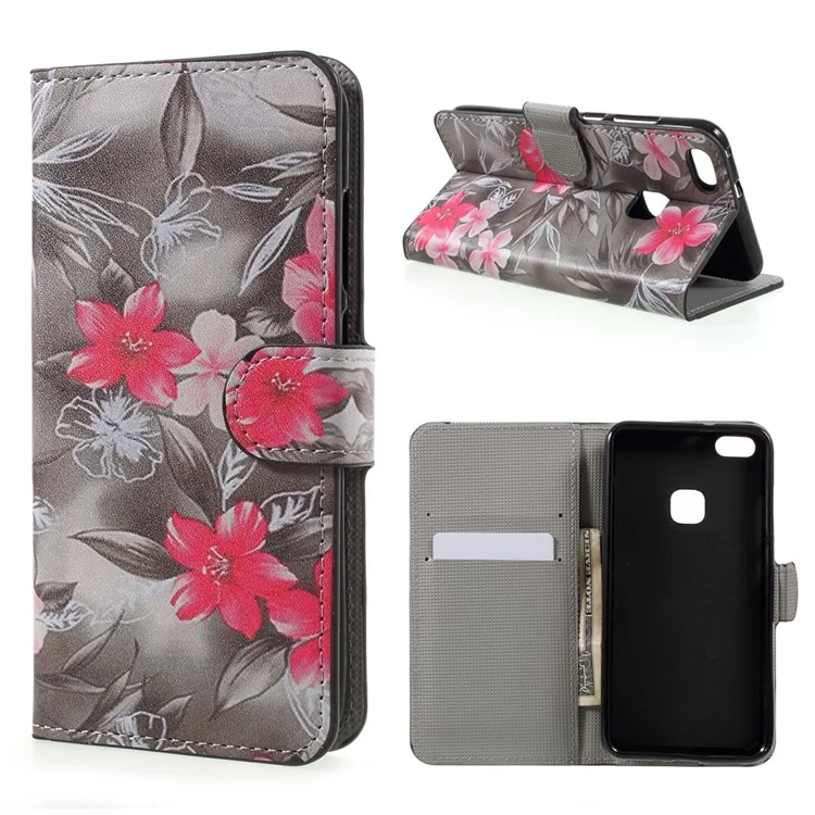Patterned Leather Wallet Stand Mobile Phone Case for Huawei P10 Lite - Red Blooming Flowers