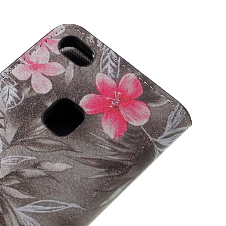 Patterned Leather Wallet Stand Mobile Phone Case for Huawei P10 Lite - Red Blooming Flowers