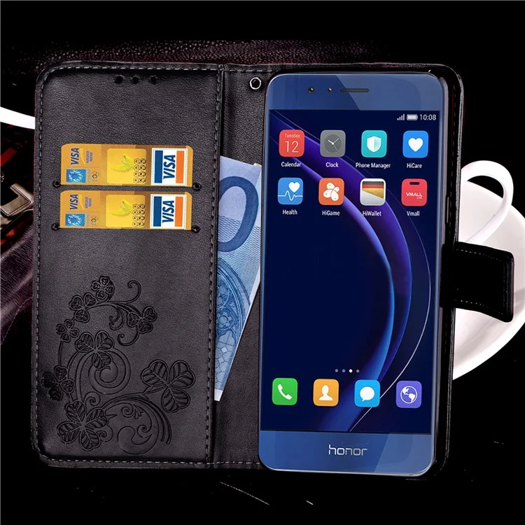 Four-leaf Clover Imprinted Leather Case with Lanyard for Huawei Honor 8 - Black