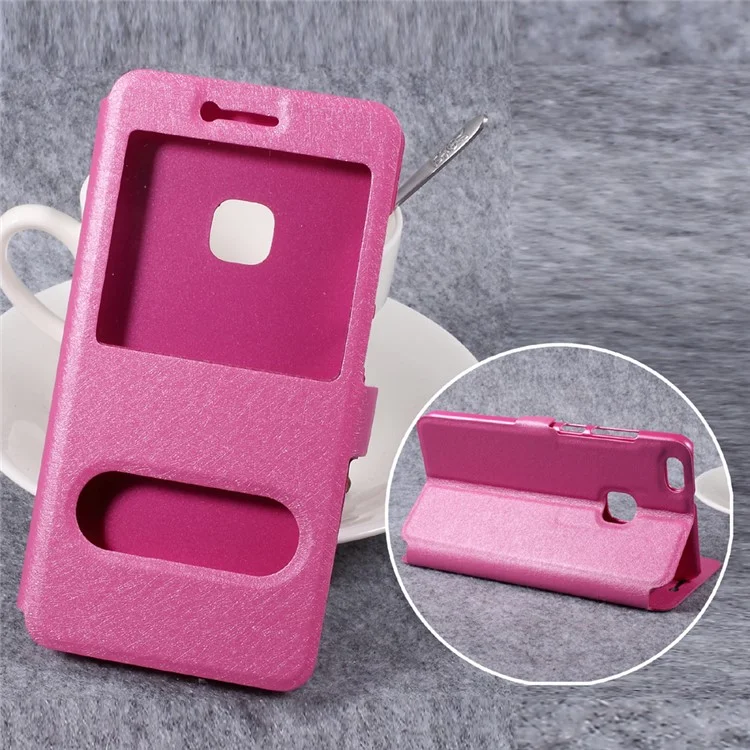 Silk Texture Double Window Leather Stand Flip Cell Phone Case for Huawei P10 Lite - Rose